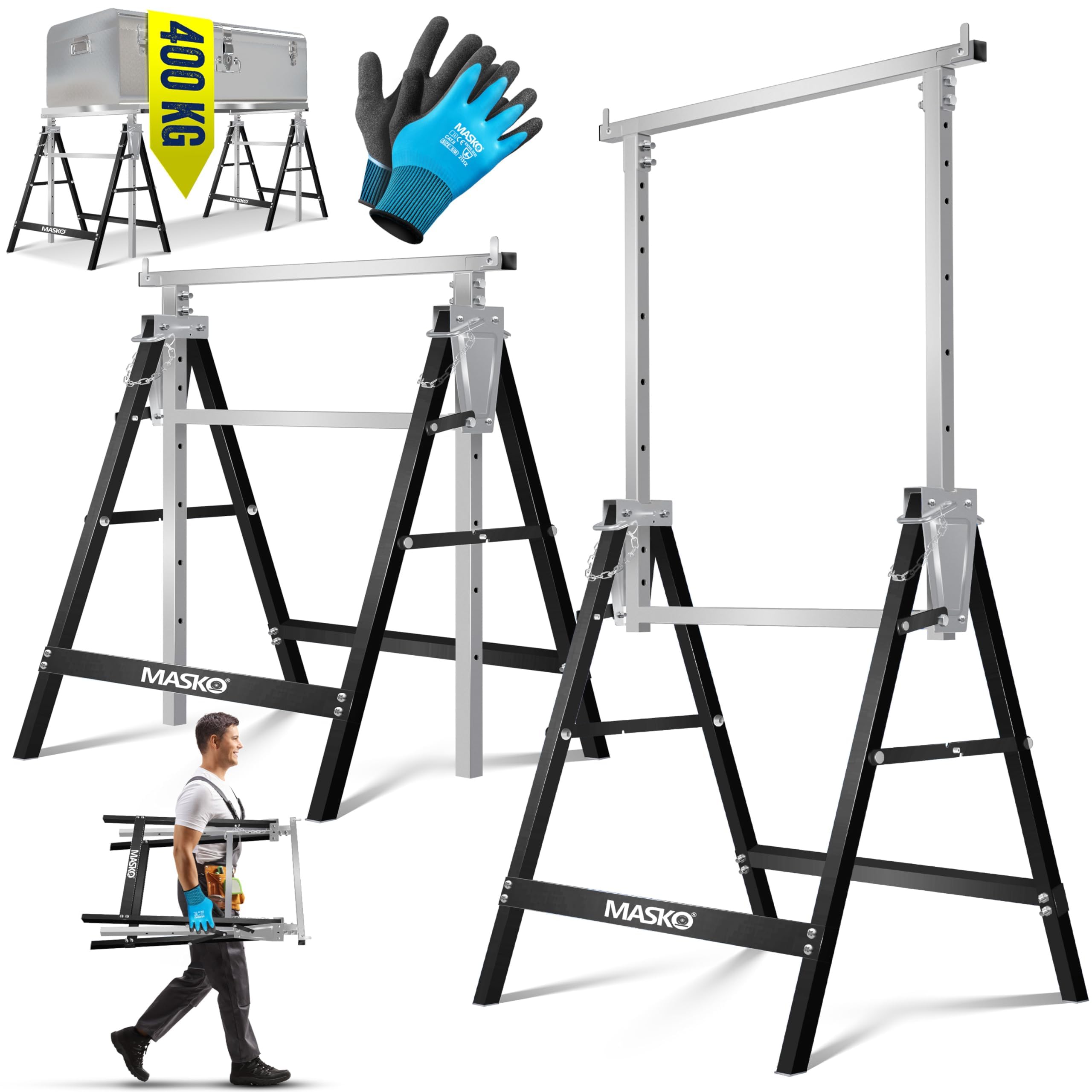 MASKO® Caballete de trabajo Telescópico, Capacidad de Carga máx. 200 kg, Caballete de Andamio, Regulable en Altura - Altura de trabajo 800-1300 mm, incl. Guantes, Juego de 4 - Plata/Negro