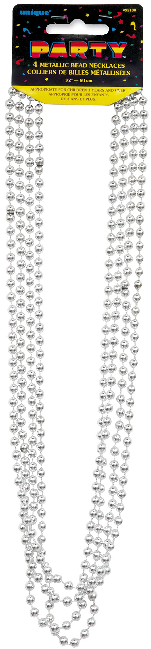 Metallic Silver Plastic Bead Necklaces - 32'', 4 Count - Perfect for Parties, Birthdays & New Year's Eve Events