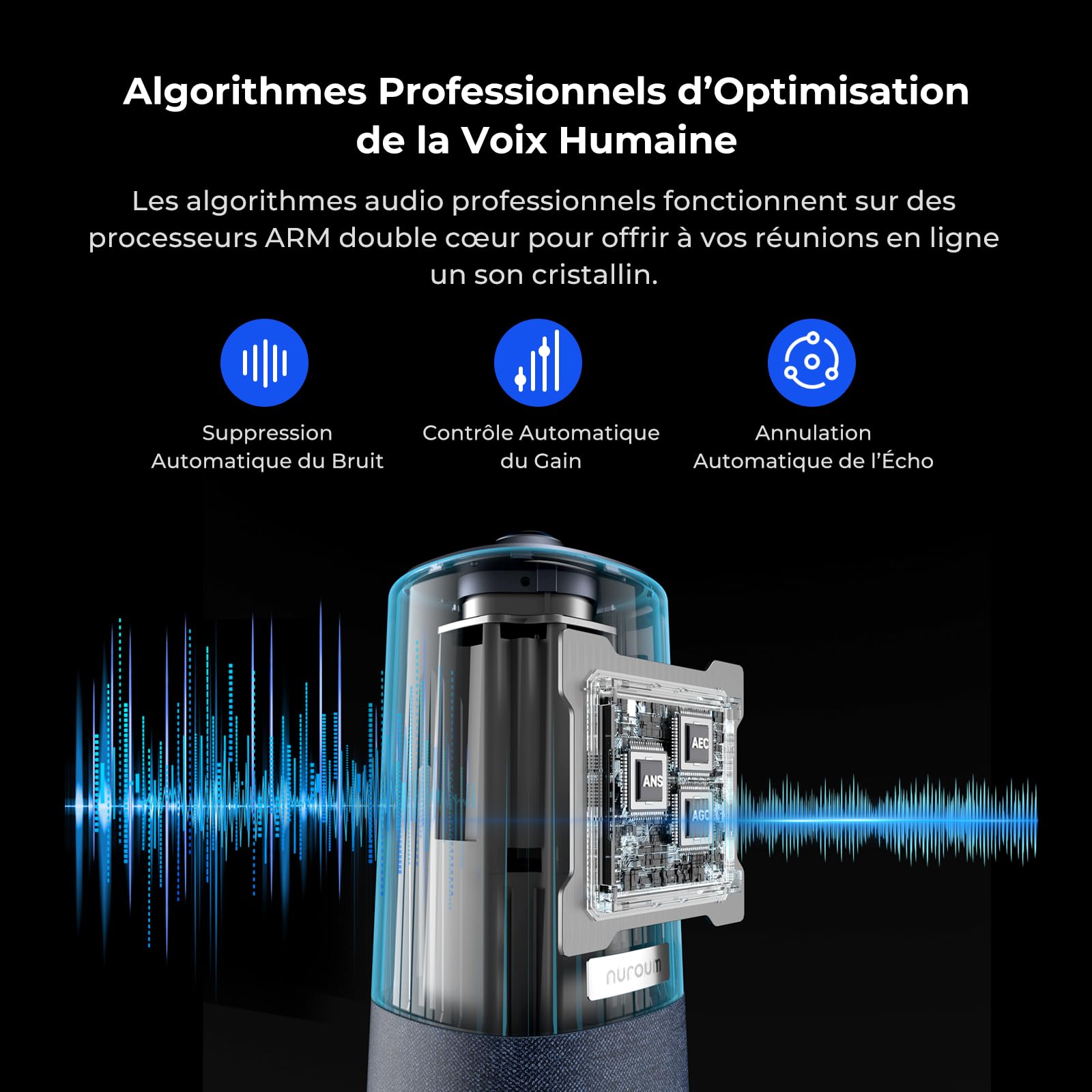 Nuroum 360 Pro Webcam avec Microphone et Haut-Parleur, Caméra de Vidéoconférence Tout-en-Un Grand Angle, 3 Modes IA, Cadrage Automatique,6 Micros Antibruit, USB Plug & Play pour PC/Zoom/Teams,Gris