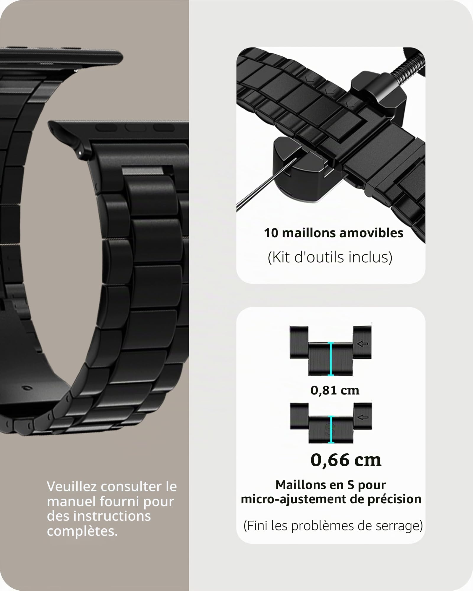 Fullmosa Bracelet Compatible avec Apple Watch 44mm 45mm 42mm, Bracelet iWatch en Acier INOX pour apple watch Se1/2/3 Series 9/8/7/6/5/4/3/2/1(Noir,42mm/44mm/45mm)