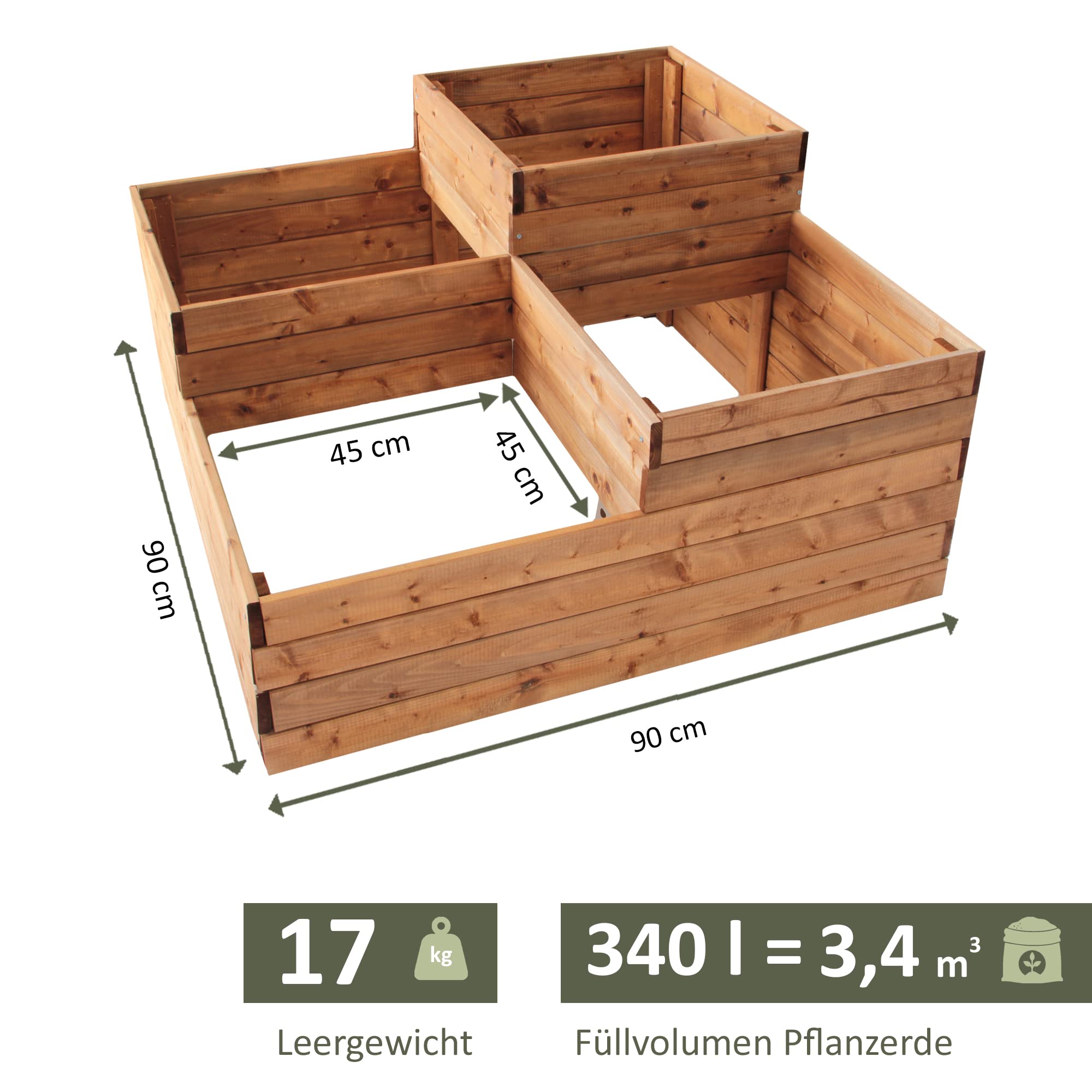 NATIV Pflanzkasten aus Holz | Kräuterbeet mit 4 Pflanzzonen | Hochbeet 90 x 90 cm Grundfläche | Pflanzentreppe aus FSC-zertifiziertem Holz | Blumenkasten mit unterschiedlichen Pflanzebenen