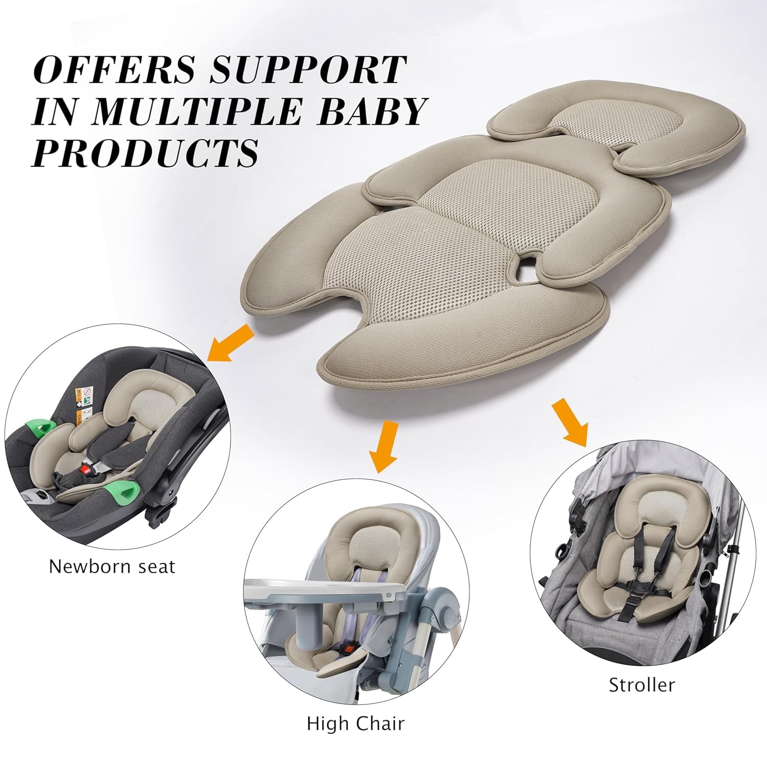 Neugeborenes Baby-Kissen mit 3D-Netzstoff für Stroller, Autositz und Hochstuhl - Atmungsaktive Einlage zur Unterstützung des Babys (Beige)