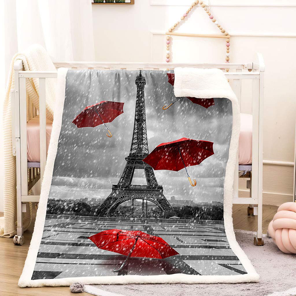 Manta De Franela De Microfibra 150X200Cm Manta De Felpa Suave Para Sofá Cama 3D Paisaje Con Torre De Paraguas Rojos Impresión Patrón Manta Polar Invierno Gruesa Y Esponjosa Caliente Transpirable