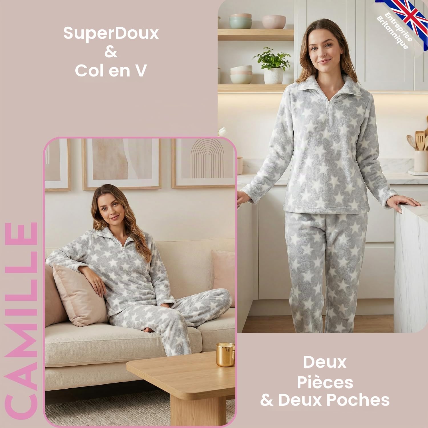 Camille Ensemble Pyjama 2 pièces Super Doux pour Femme – Imprimé étoiles Blanches en Polaire épaisse – Manches Longues et Taille élastique pour Un Confort et Une Chaleur ultimes