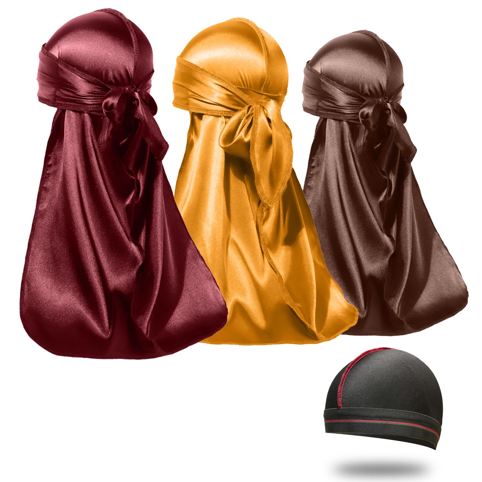 ForceWave 3 Pieces Silky Durags and 1 Wave Cap Pack for Men Waves, Moisture-Tech Fabric Satin Du-Rag
