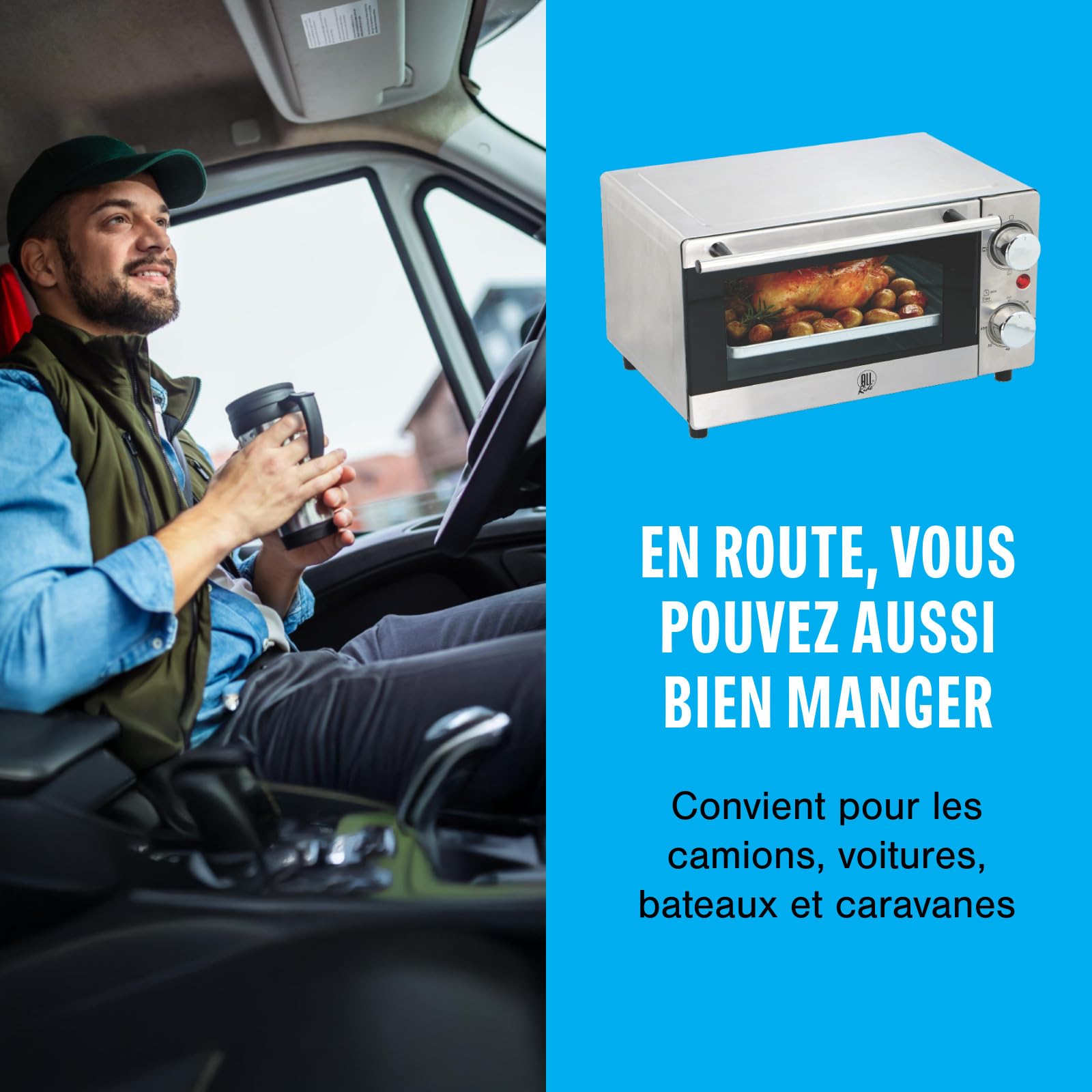 All Ride Four - Four 24 V via Allume-Cigare - Mini four pour les Déplacements en Camion ou Camping-Car - Gamelle Chauffante Camion - 300 W - 9 litres - Acier inoxydable, Argenté.