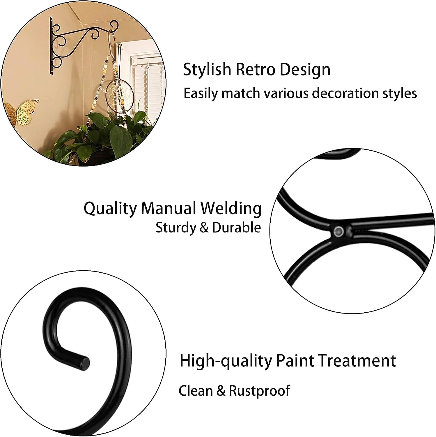 BEHENO 10 inches Hanging Plant Bracket, 2-Pack Wall Mount Hooks for Plant Hanger Indoor/Outdoor, Include Professional Drywall Anchors (4mm Steel Rod, Black)