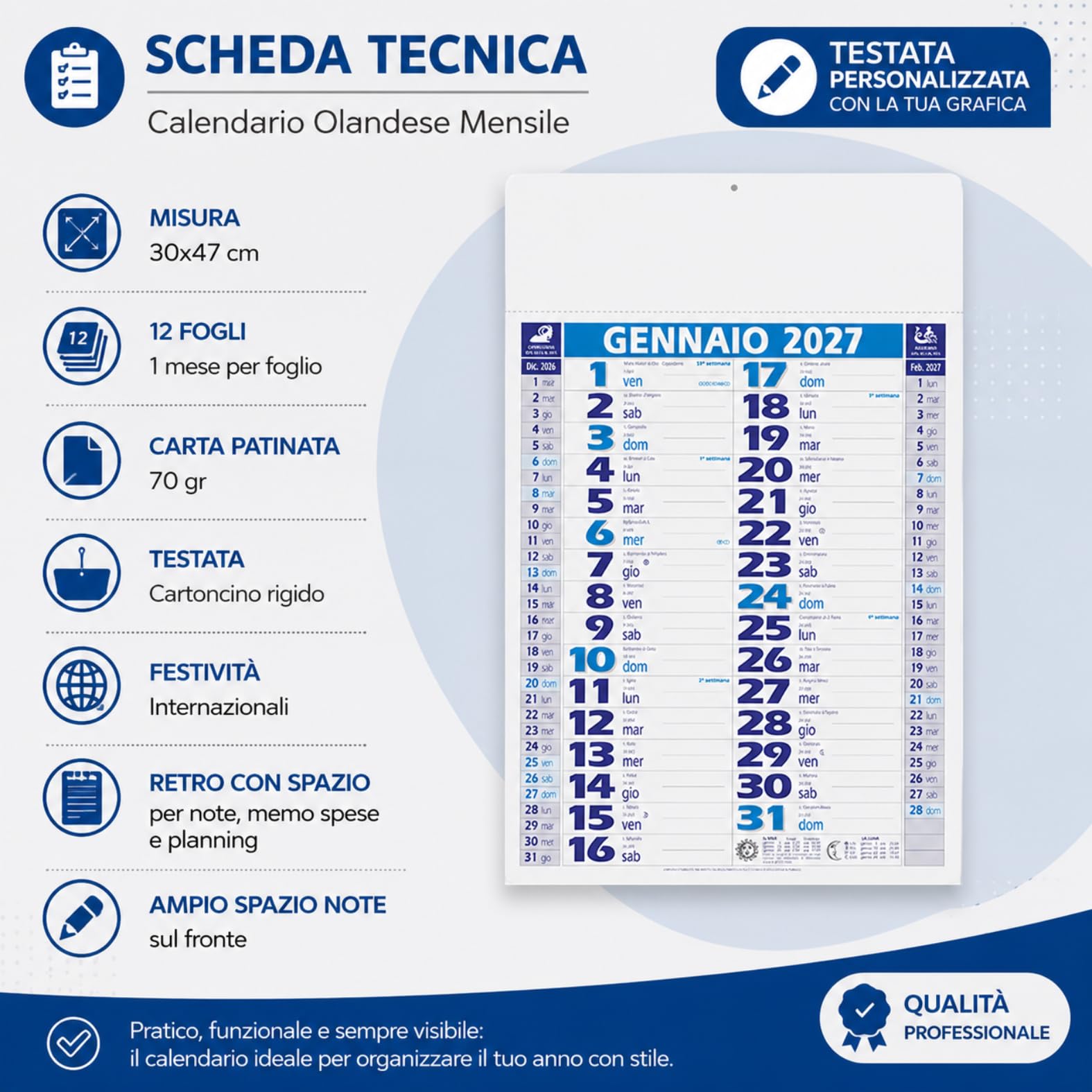 Calendari Personalizzati 2027 in Stock da 50 Pezzi Olandesi Medi da Muro Notes sul Retro per Gadget Pubblicitari di Fine Anno e come Omaggio per i Clienti o Regali Aziendali | PA620-50