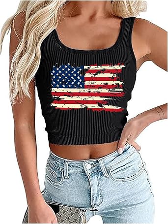 American Flag Crop Tank Tops Women 4th of July Patriotic T Shirt Girls USA Flag Stars Stripes Graphic Cami Tops