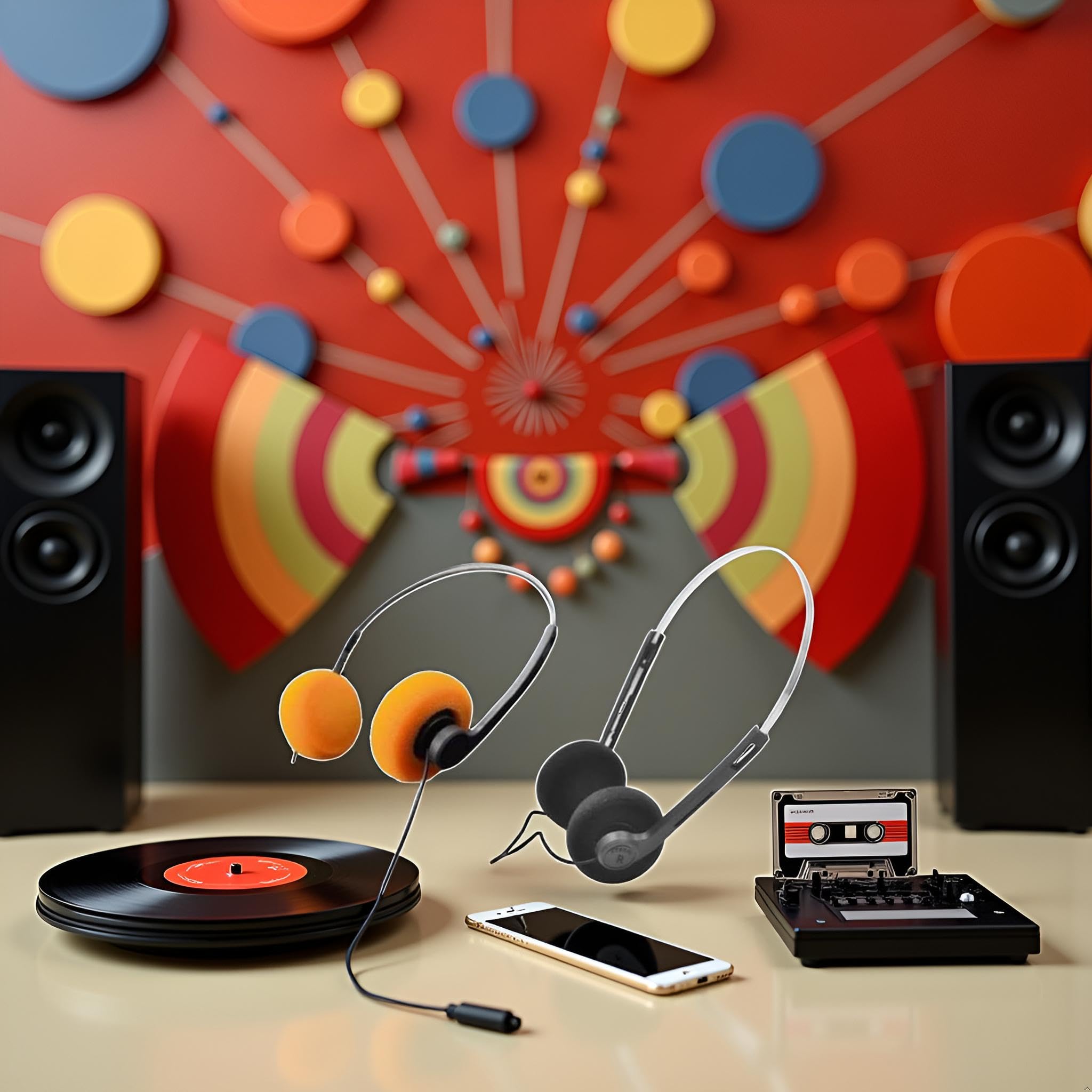 2 auriculares retro en la oreja naranja y negro, auriculares estéreo con cable, auriculares portátiles ligeros con diadema ajustable, reproductor de cassette, sobre la oreja