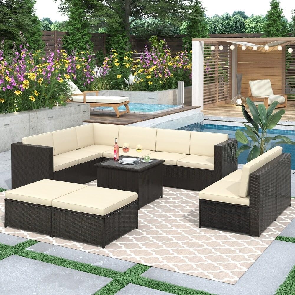 LOCCUS 7 Piece Patio Furniture Outdoor Sectional Sofa HDPE Wicker 9 Seater Conversation Set with Washable Cushion and Center Table for Porch, Lawn, Garden, Backyard (Dark Brown and Cream)-image-31