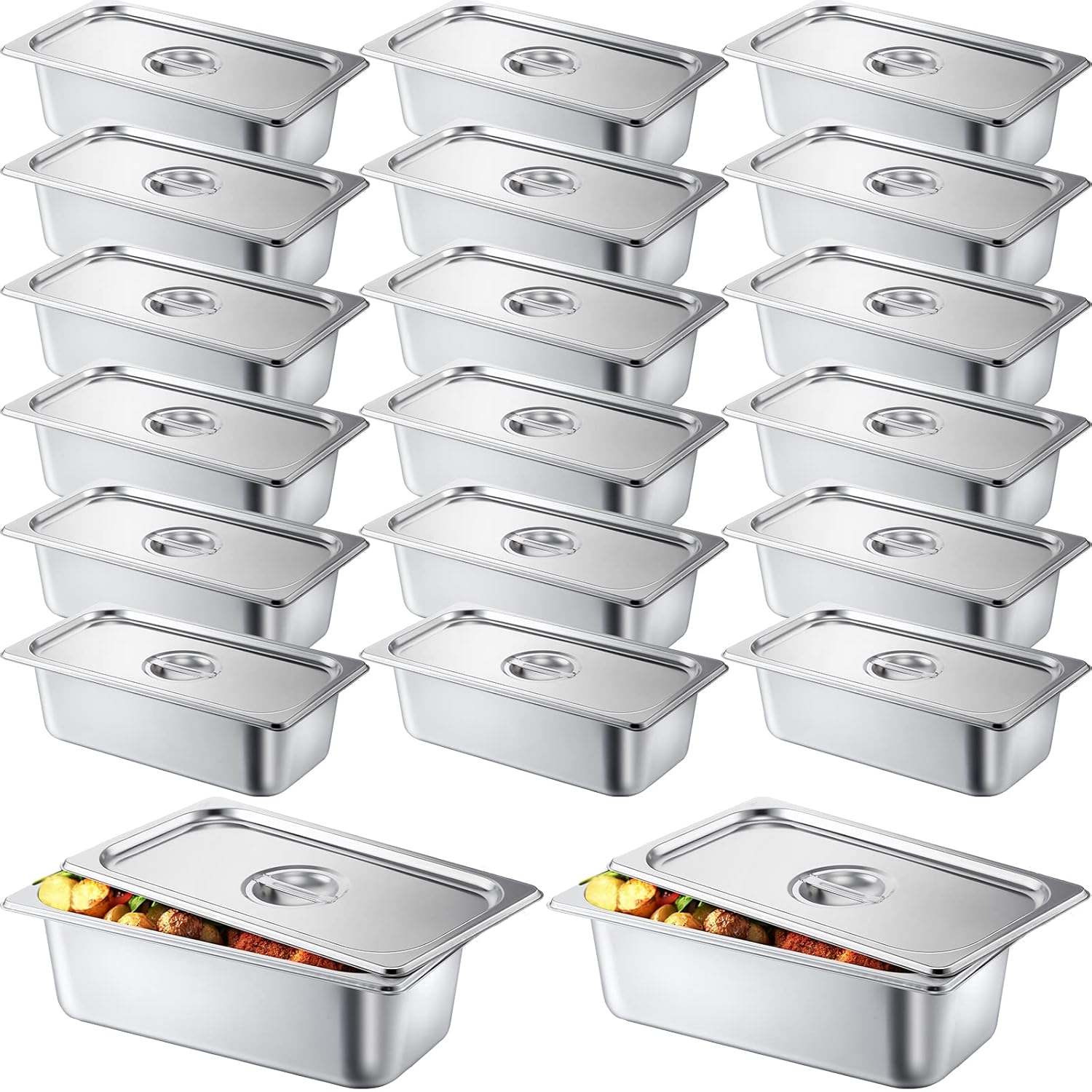 Zubebe 16 Pack Hotel Pan with Lid 4 Inch Deep Steam Table 0.9 mm Thick Stainless Steel Anti Steam Commercial Food Pans for Restaurant Buffet Event Catering Supplies(1/3 Size x 4 Inch Deep)