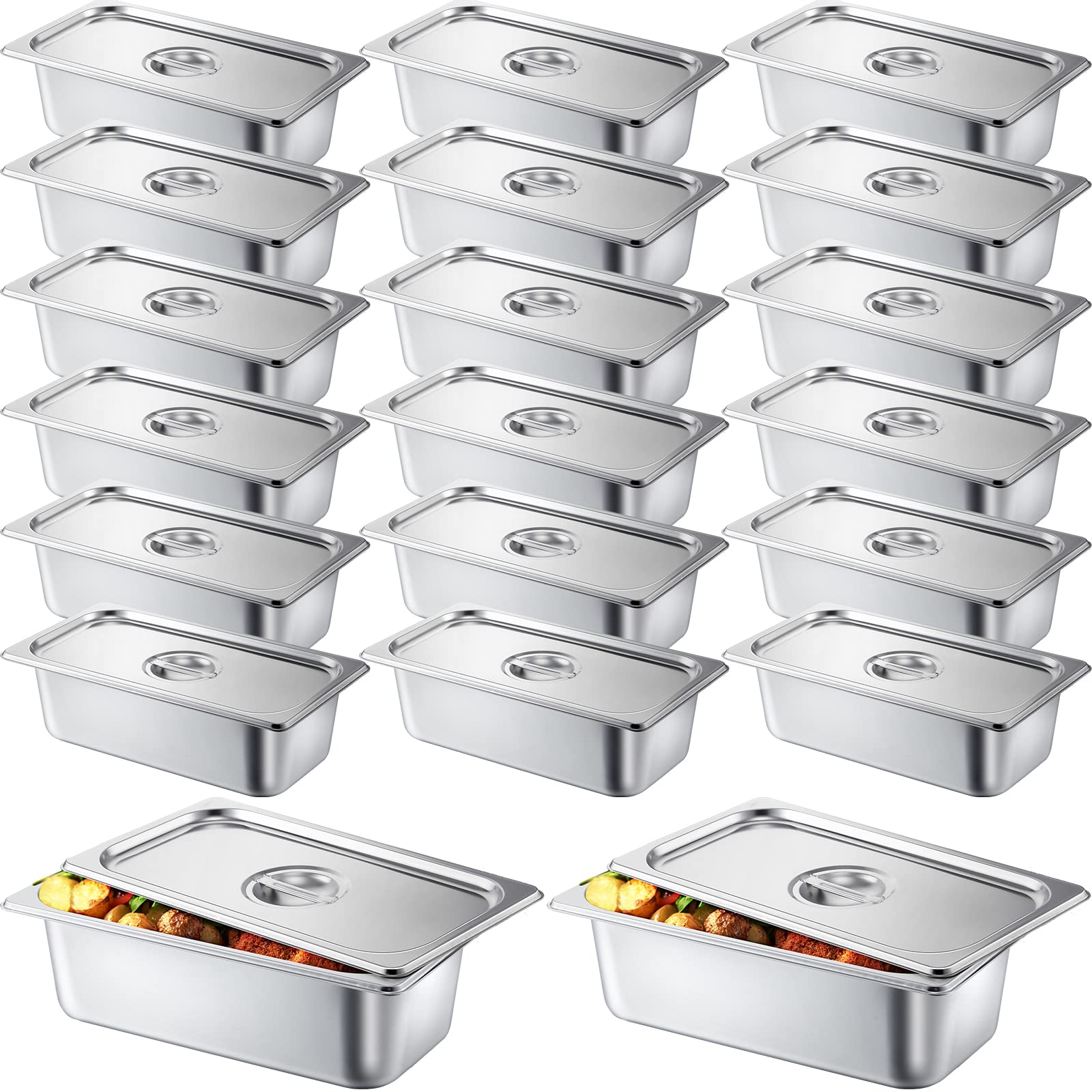 Photo 1 of Zubebe 16 Pack Hotel Pan with Lid 4 Inch Deep Steam Table 0.9 mm Thick Stainless Steel Anti Steam Commercial Food Pans for Restaurant Buffet Event Catering Supplies(1/3 Size x 4 Inch Deep)