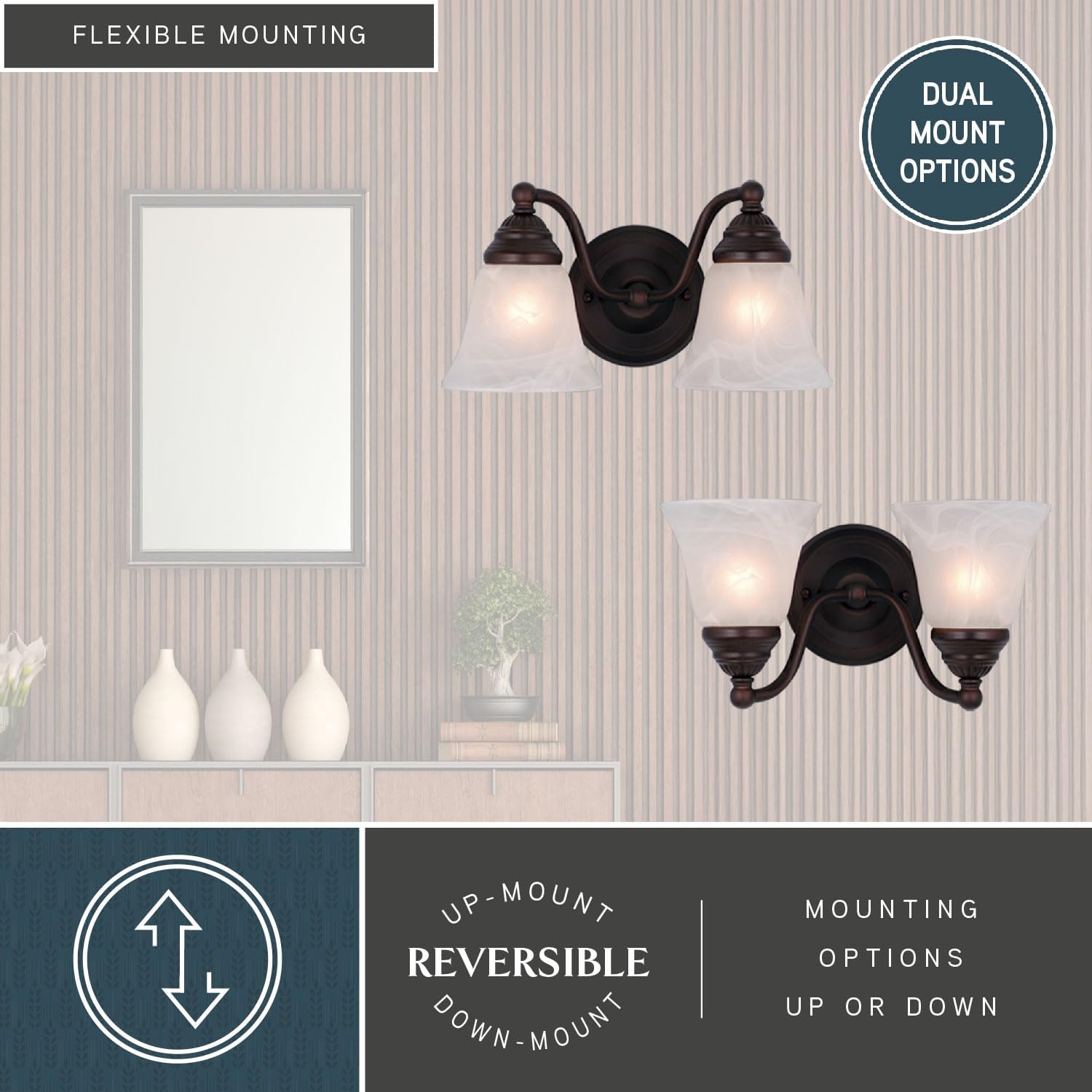 VAXCEL Standford 2-Light 13 inch Wide Oil Burnished Bronze Traditional Bathroom Vanity Lighting Fixture, White Alabaster Glass Shade, Dimmable, LED Compatible, Over The Mirror Mounted Wall Sconce
