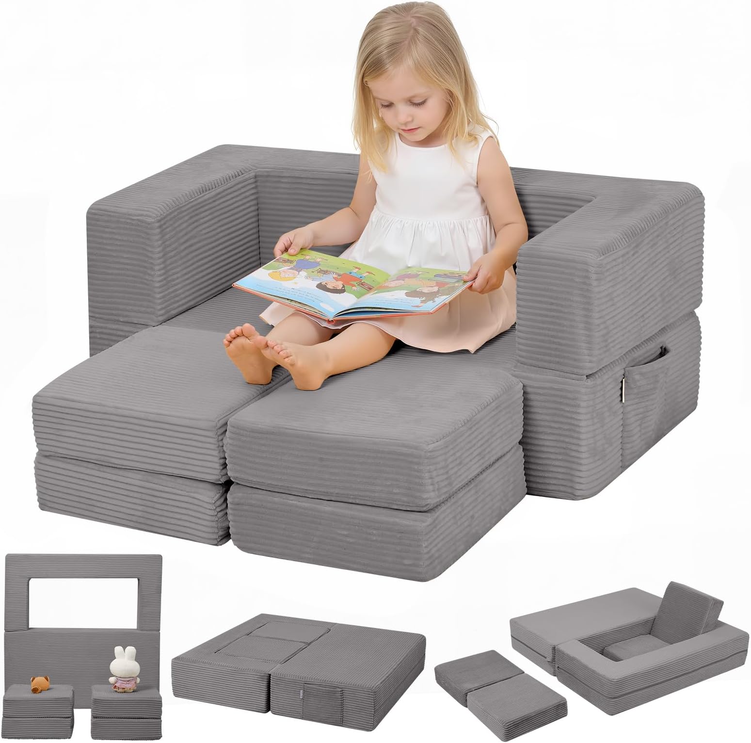 MeMoreCool Modular Kids Couch, Corduroy Play Toddler Couch for Bedroom Playroom Furniture, Convertible Foam Kids Sofa Bed, Fold Out Baby Sofa for Girl Boy, Light Grey