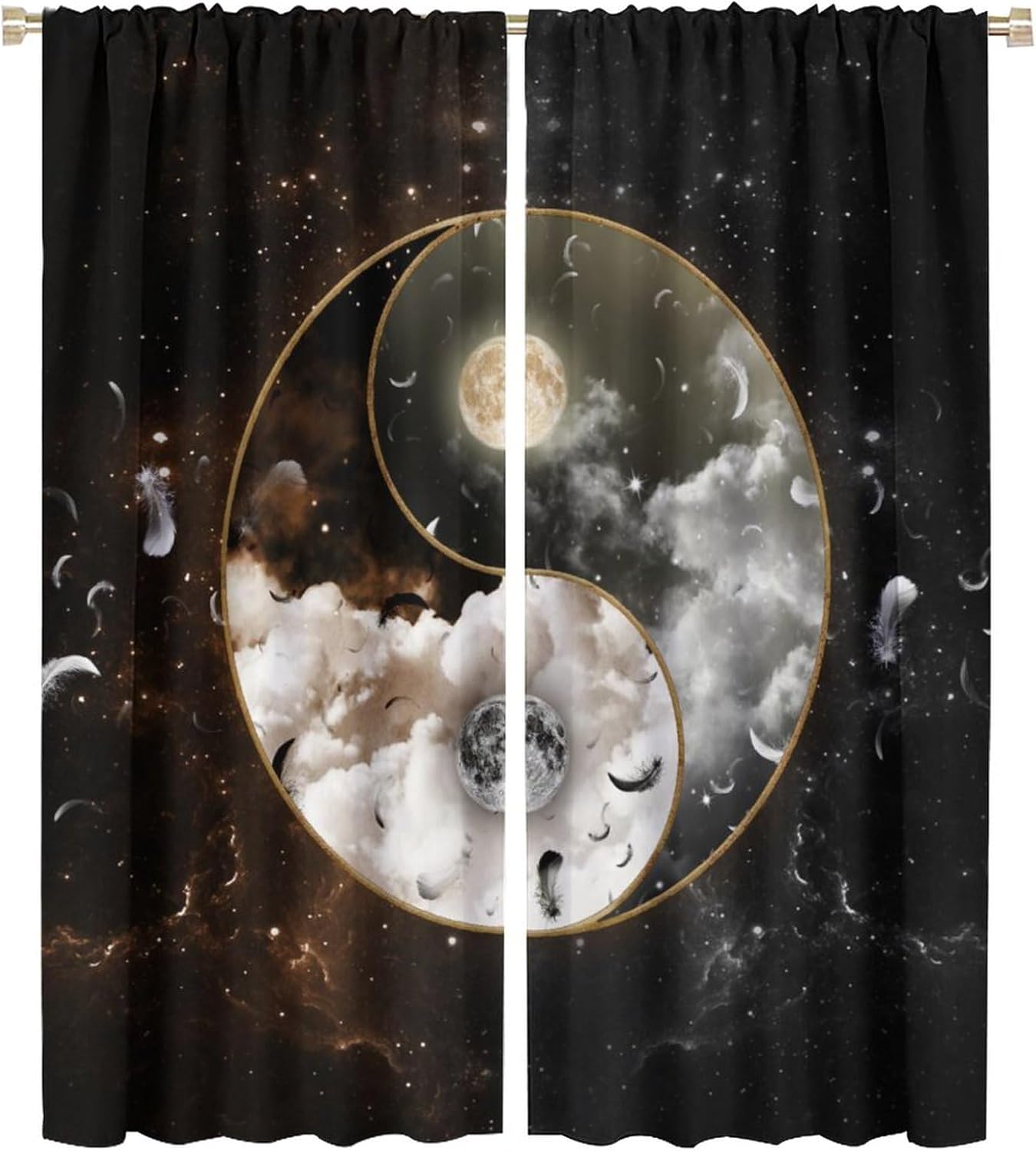 Fantasy Galaxy Yin Yang Curtains Window Cool Japanese Anime Style Full Moon Feather Thermal Insulated Room Curtains for Living Room Rod Pocket Window Drapes 2 Panels 54" L x 21" W
