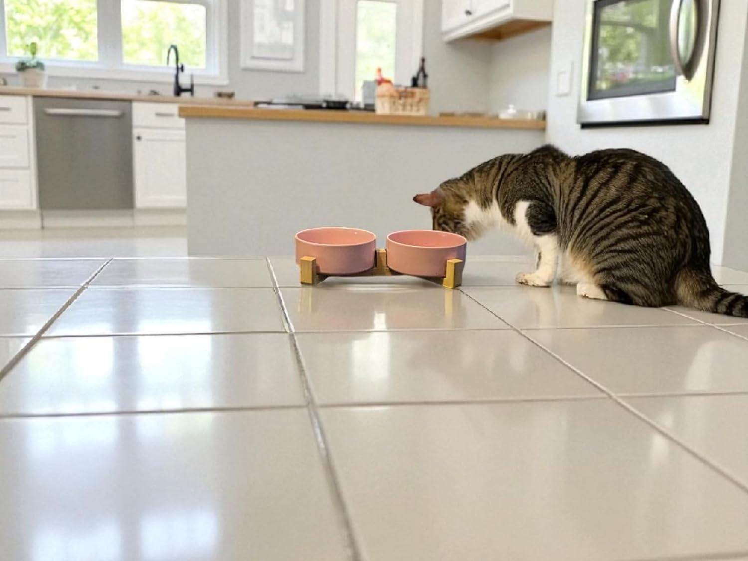 Ceramic Pet Bowls with Elevated Stand, Raised Feeding Station (Pink Set (Small pet up to 2 Cup Capacity per Bowl))