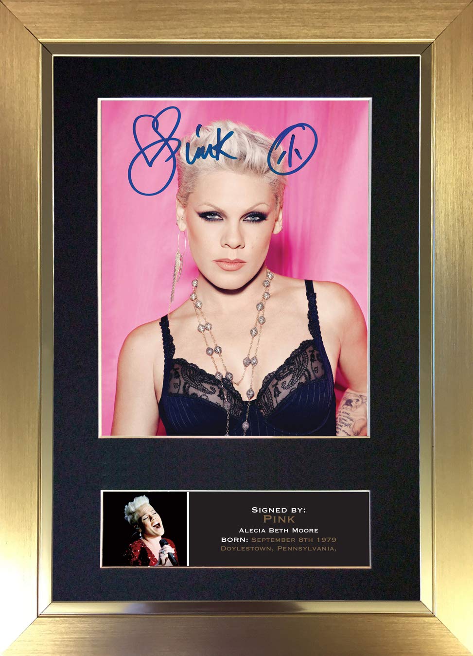 PINK No2 Signed Autograph Mounted Photo Reproduction PRINT A4 Rare Perfect Birthday (297 x 210mm) #727 (Gold Frame)