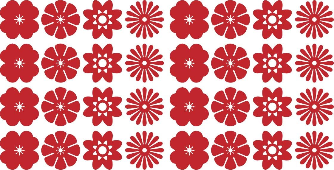 Set of 32 Vinyl Wall Art Decal - Variety of Flower Patterns - 3 x 3 Each - Bedroom Living Room Office Dorm Room Girly Wall Decoration - Cute Trendy Apartment Wall Decor (3 x 3 Each, Red)