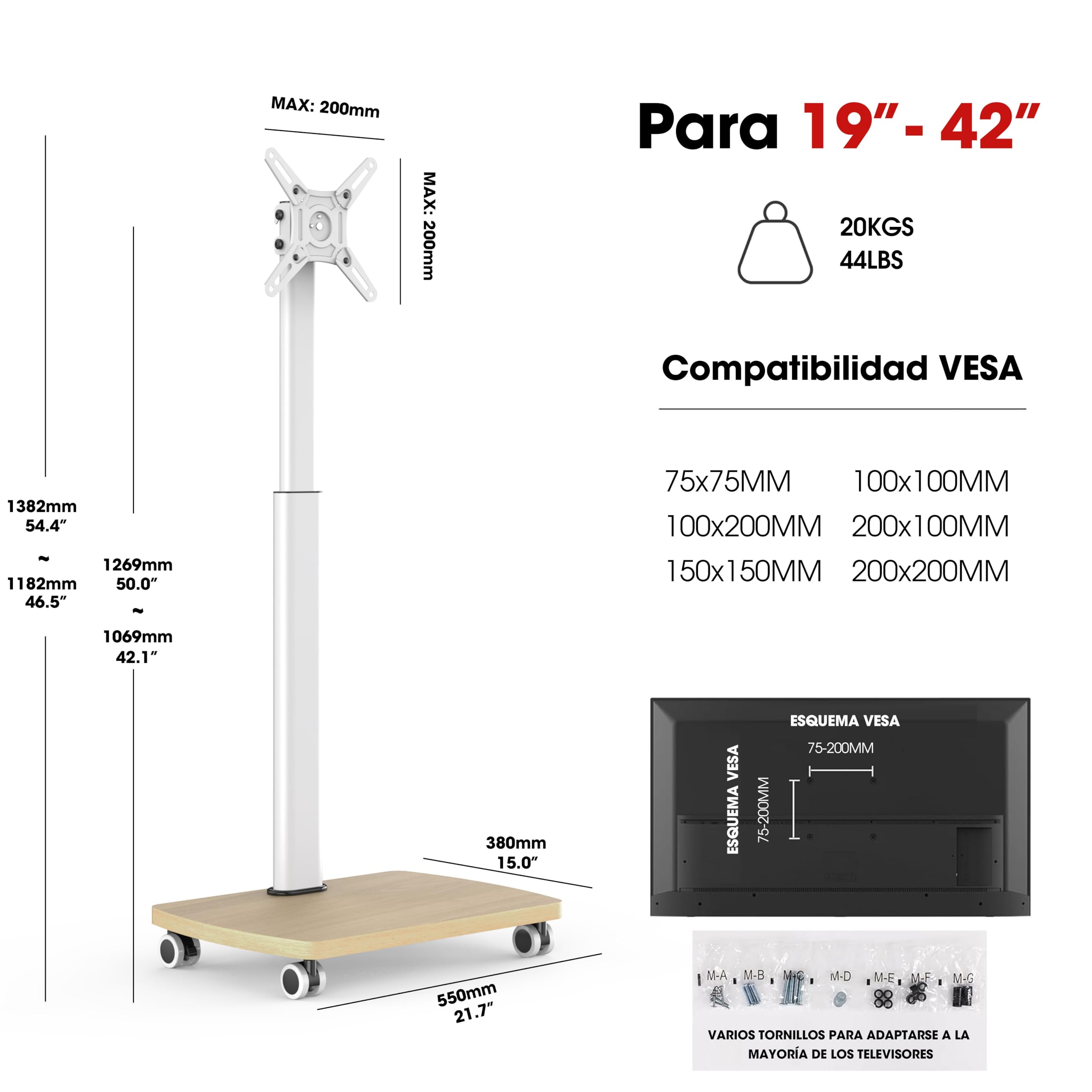 AOKCOS Soporte TV con Ruedas Horizontal y Vertical para 19-42 Pulgadas, Soporte TV Pie con Base de Madera, inclinación Altura Ajustable y Giratorio, hasta 20 kg MAX. VESA 200×200mm Blanco