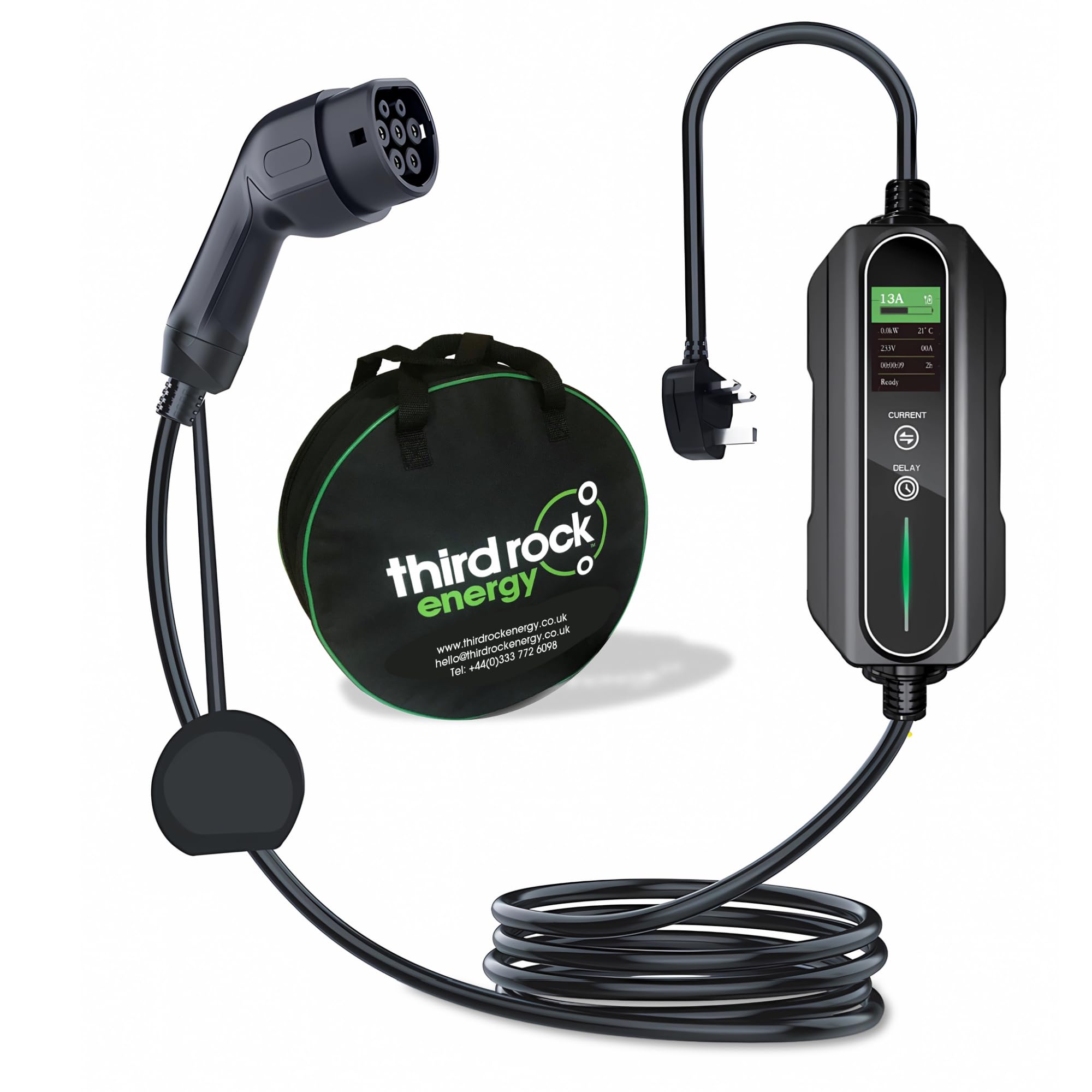 Third Rock EnergyType 2 Portable EV Charger UK 3 Pin 10 METRE with 12hr Time Delay and IP67 Controllable Digital Screen - Type 2 Charging Cable 6/8/10/13A Variable 10 METRE