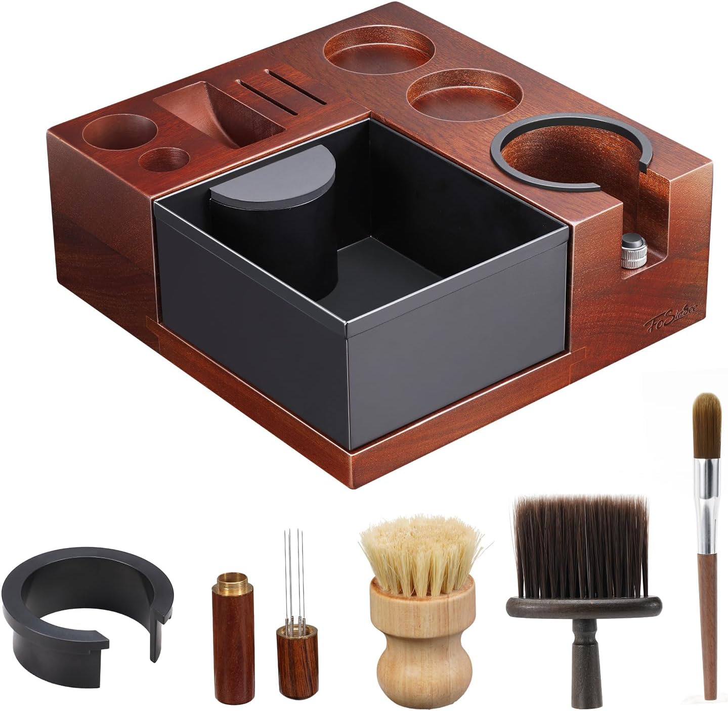 Espresso Knock Box,Walnut Tamping Station,9 in 1 Coffee Organizer Box Fit for 51mm 54mm 58mm,Espresso Tamping Station Wooden,Coffee Distributor & Portafilter,Espresso Accessories Kit