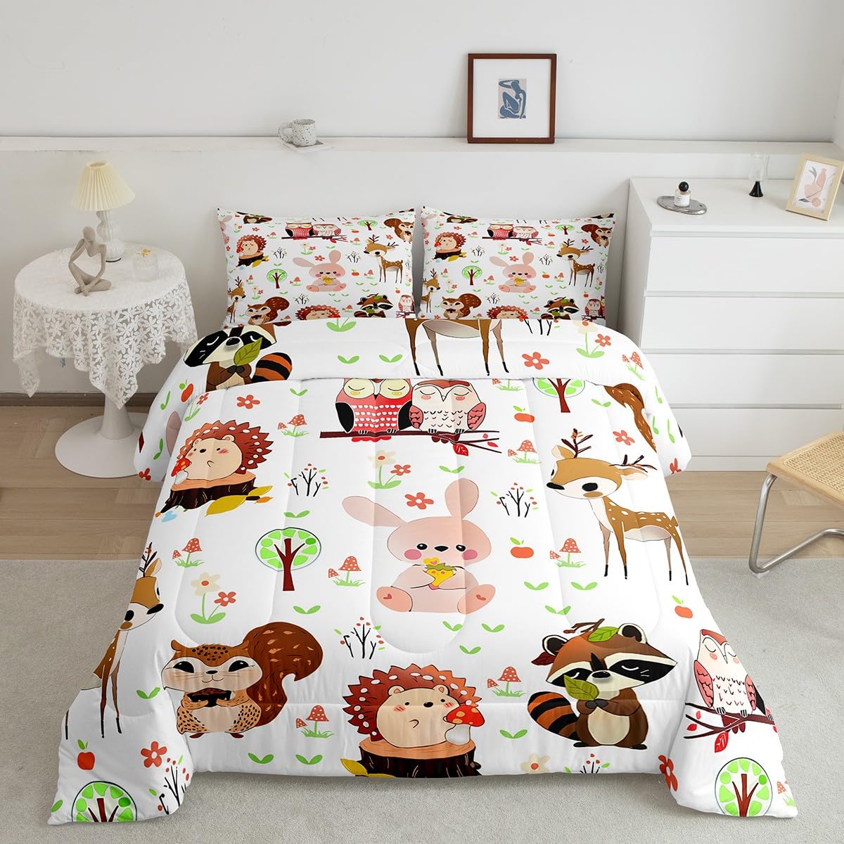 Feelyou Cute Rabbit Bedding Set for Kids Toddler Toddler Size Hedgehog Comforter Set Boys Girls Raccoon Owls Bedding Set Squirrel Duvet Insert 2Pcs