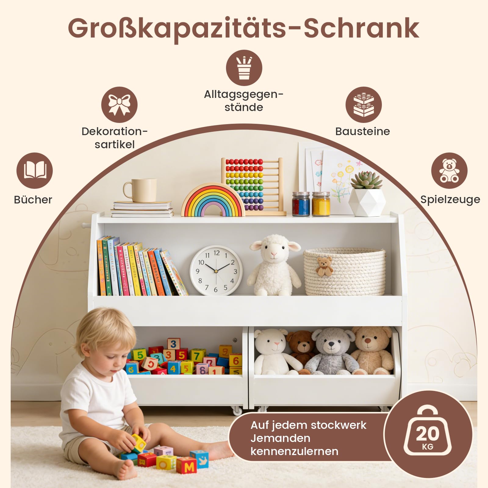 Kinderregal mit Boxen auf Rollen, Spielzeug Aufbewahrung, Bücherregal Kinder, Spielzeugregal Möbel für Kinderzimmer, Regal weiß mit 2 Schubladen - 91x30 x60 cm