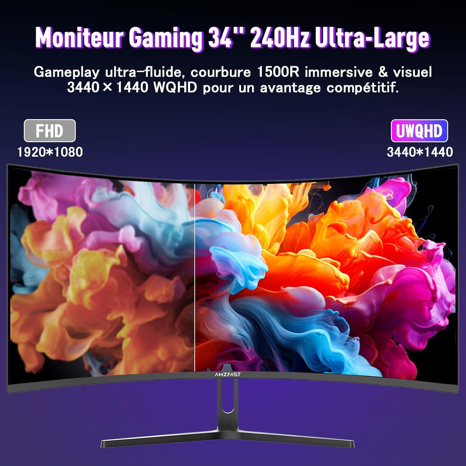 Amzfast Écran PC Gamer 34 Pouces 240Hz/UWQHD Moniteur Incurvé 3440x1440 (21:9), 450 nits, Eyes Care, sRGB 130%, Adaptive Sync, HDR400, HDMI 2.1x2, DP 1.4x2, VESA 75x75, PIP/PBP, AMZG34C5QPro