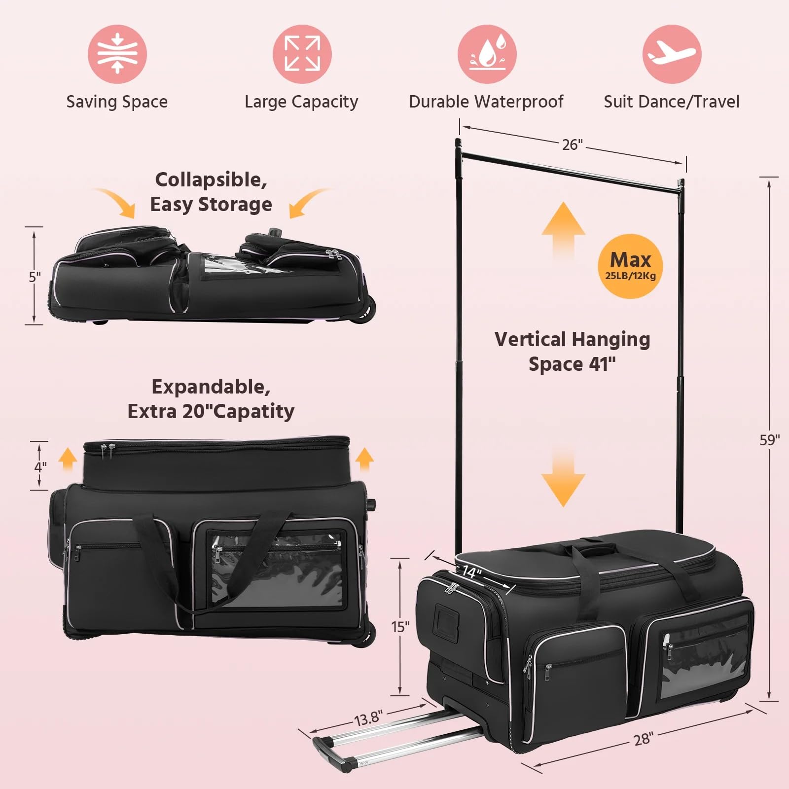 Bagasin Borsa da danza con supporto per abiti, 28" – borsone trolley per costumi da danza, borsa da viaggio con appendiabiti, borsa porta abiti per competizioni di danza (Nero)