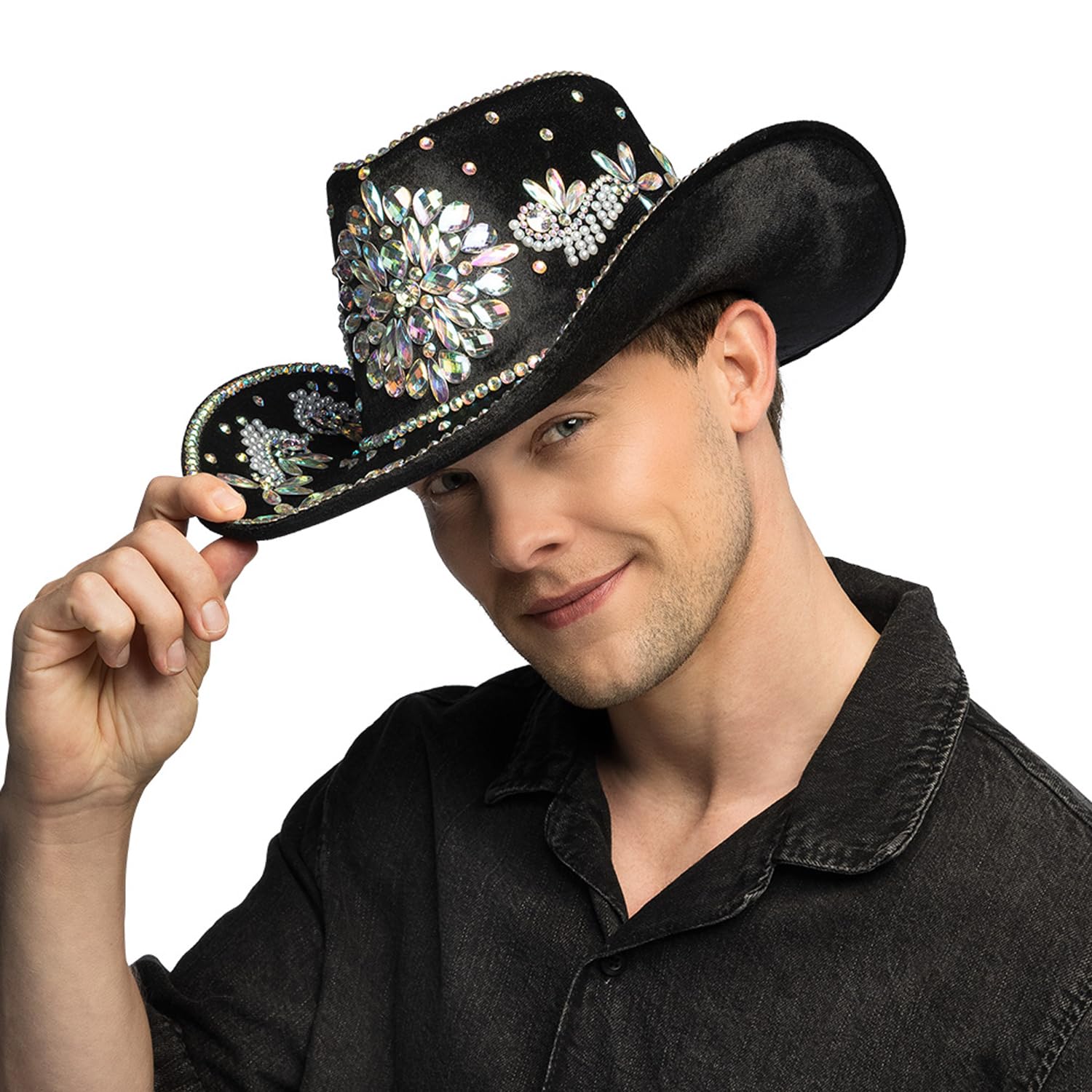 Boland - Crystal Cowboy Hat with Rhinestones in Velvet Look, Western Hat Size 59 cm, Glittery Hat for Carnival, Festival and Theme Party