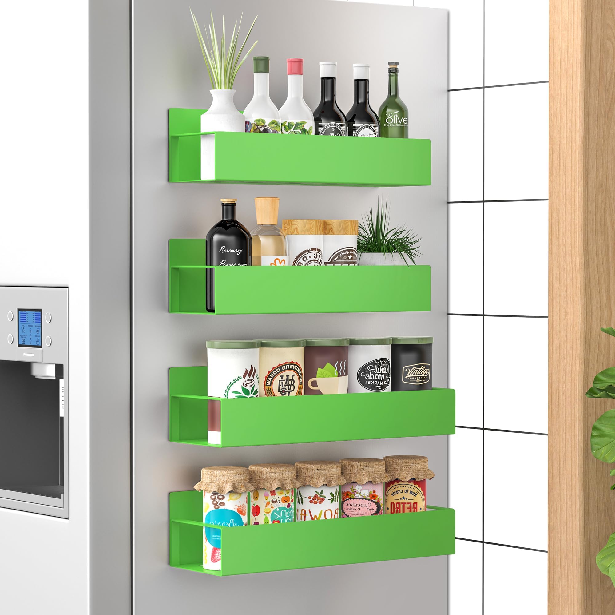 4 Pack Magnetic Spice Storage Rack Organizer for Refrigerator and Oven, Green Fridge Organizers and Storage