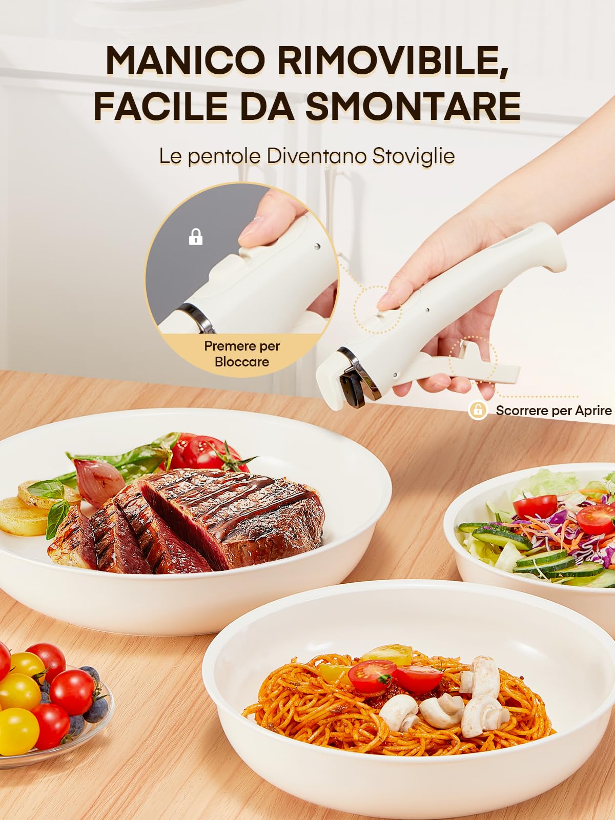 FOHERE Padelle Antiaderenti con Manico Removibile, Set 3 Padelle Ceramica | 20/24/28 CM Padelle Induzione Per Tutti I Piani Cottura, Lavabile in Lavastoviglie e Forno, Alluminio