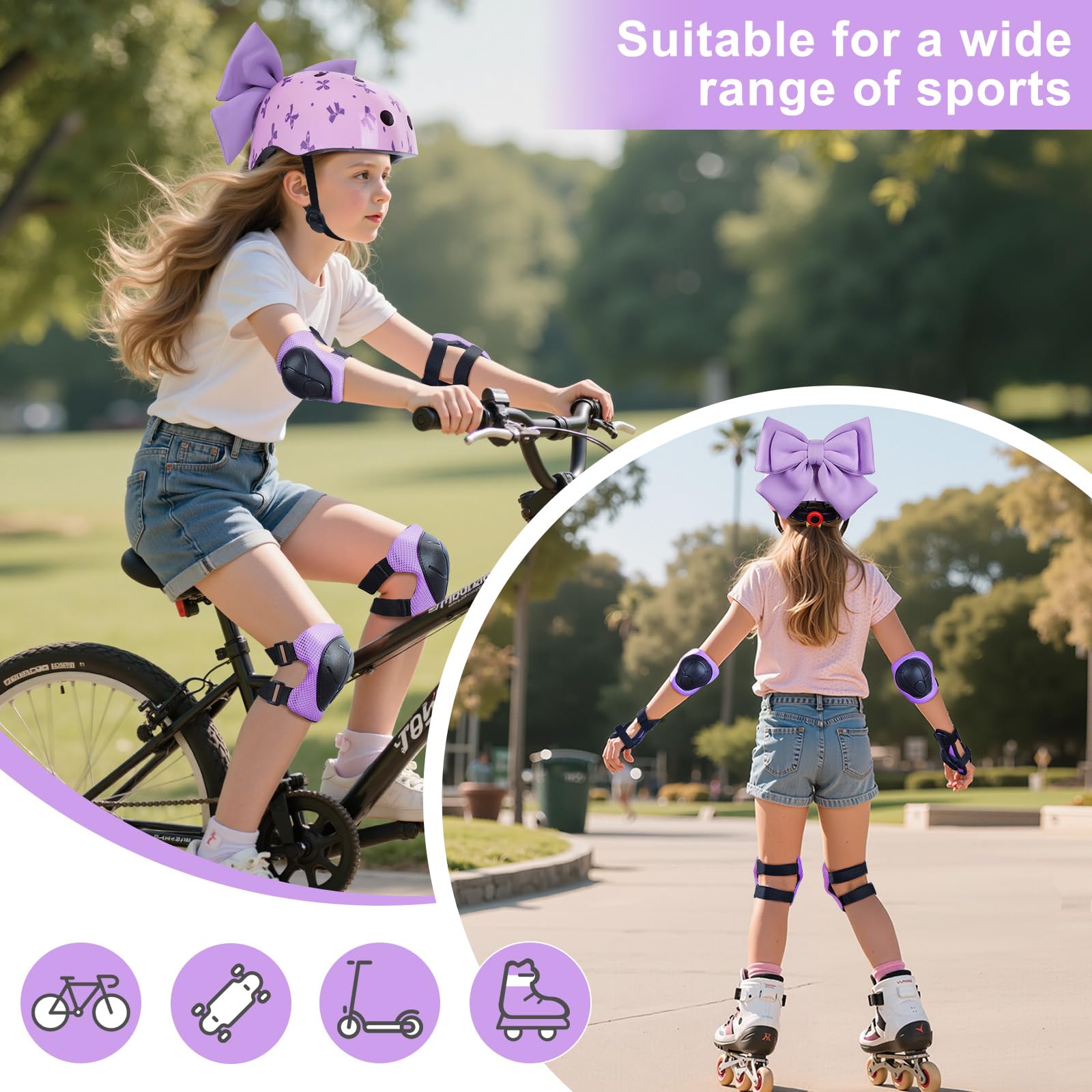 Casque de vélo pour enfant avec équipement de protection pour fille de 8 à 14 ans, casque de skateboard réglable, avec genouillères et coudières, résistant aux chocs avec joli nœud DIY pour