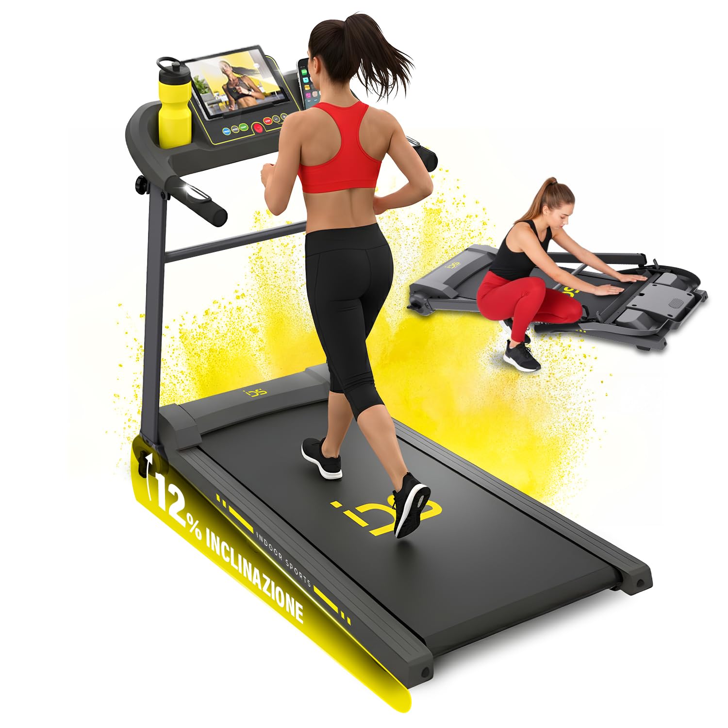 IDS Tapis Roulant Elettrico Salvaspazio, Marchio ITALIANO, 12 km/h, INCLINAZIONE, Compatto, Pieghevole, Display, Supporto Tablet, Telaio Rinforzato, Garanzia e Assistenza ITALIA Indoor Sports