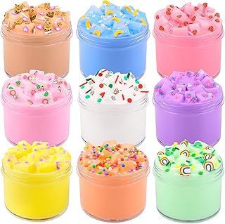 9 Pack Jelly Cube Butter Slime Kit Party Favor Gifts, Half Clear Scented Cream Slime for Girls and Boys, DIY Birthday Boba Milk Slime for Kids, Cute Charms Super Soft Non-Sticky Stress Relief Toys
