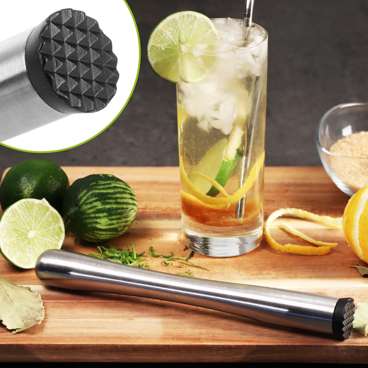 Cocktail Muddler - Tritaghiaccio in acciaio inossidabile - Tritaghiaccio - Mortaio da cocktail con testa in plastica - Spremi lime - Accessori da bar e cucina (1 pezzo - pestello)