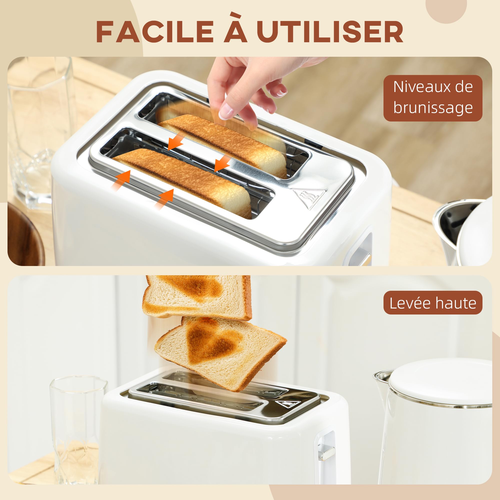 HOMCOM Ensemble bouilloire et grille-pain 2200 W, bouilloire en inox 1,5 L avec isolation et grille-pain 2 tranches, 7 niveaux de brunissage, décongélation, réchauffage et plateau à miettes, crème