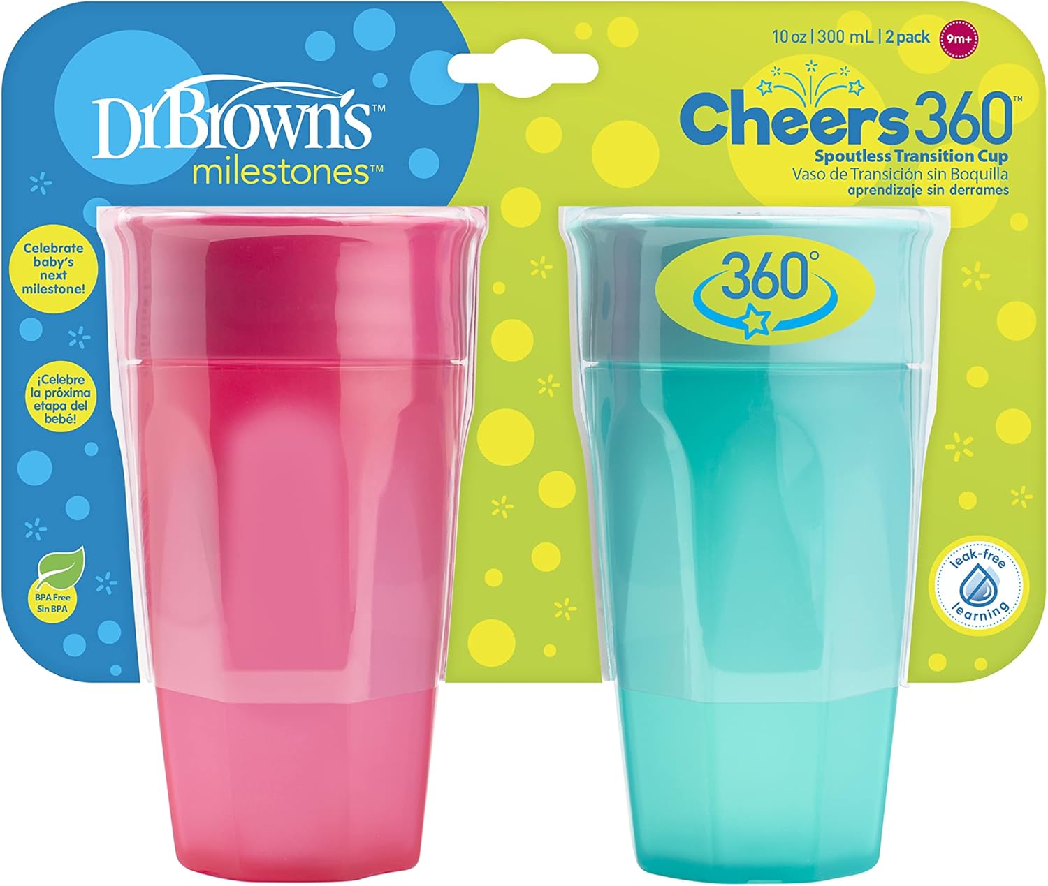 Dr. Brown’s Milestones Cheers 360 Training Sippy Cups for Babies and Toddlers, Pink & Turquoise, 10oz, 2-Pack, BPA Free, 9m+ : Baby