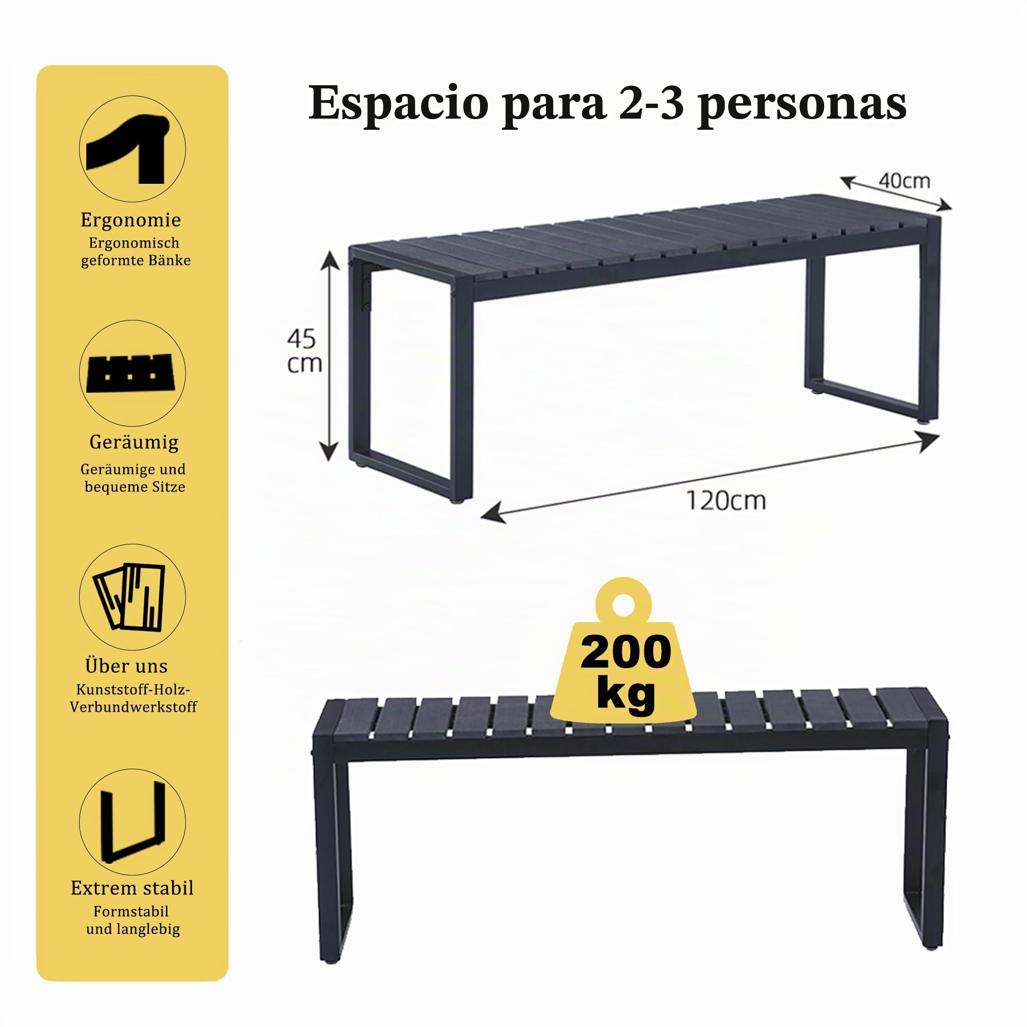 Mingone Banco de Jardín Exterior de 2 Plazas, Resistente a la Intemperie – Banco Exterior Rústico de Madera Plástica para Terraza, Patio o Parque, 120 cm