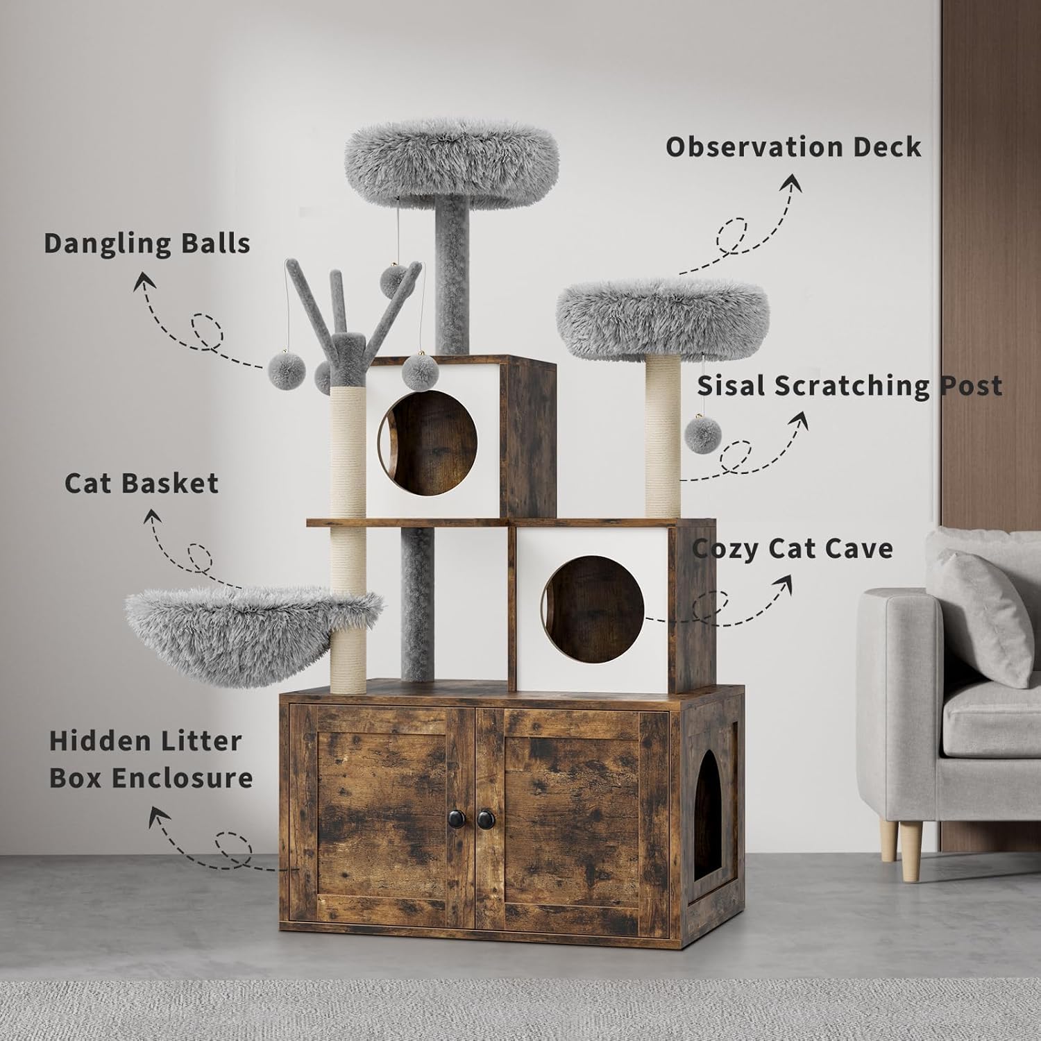 Katzentoilette mit Turm für Katzen, versteckte Toilette für Katzen, mit Sisal-Kratzbaum und Plüschstange, Holzmöbel für Katzen mit mehreren Plattformen, Braun (Braun + Weiß)