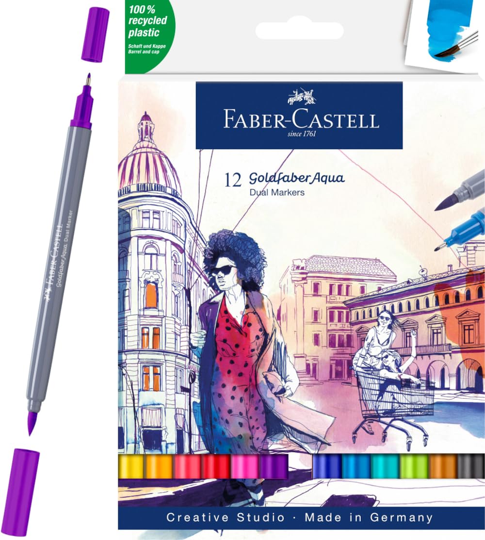 Faber-Castell Goldfaber Aqua Dual Tip Watercolor Markers - 12 Watercolor Brush Pens, Watercolor Markers for Adults, Real Brush Nib and Fineliner Tip Art Markers