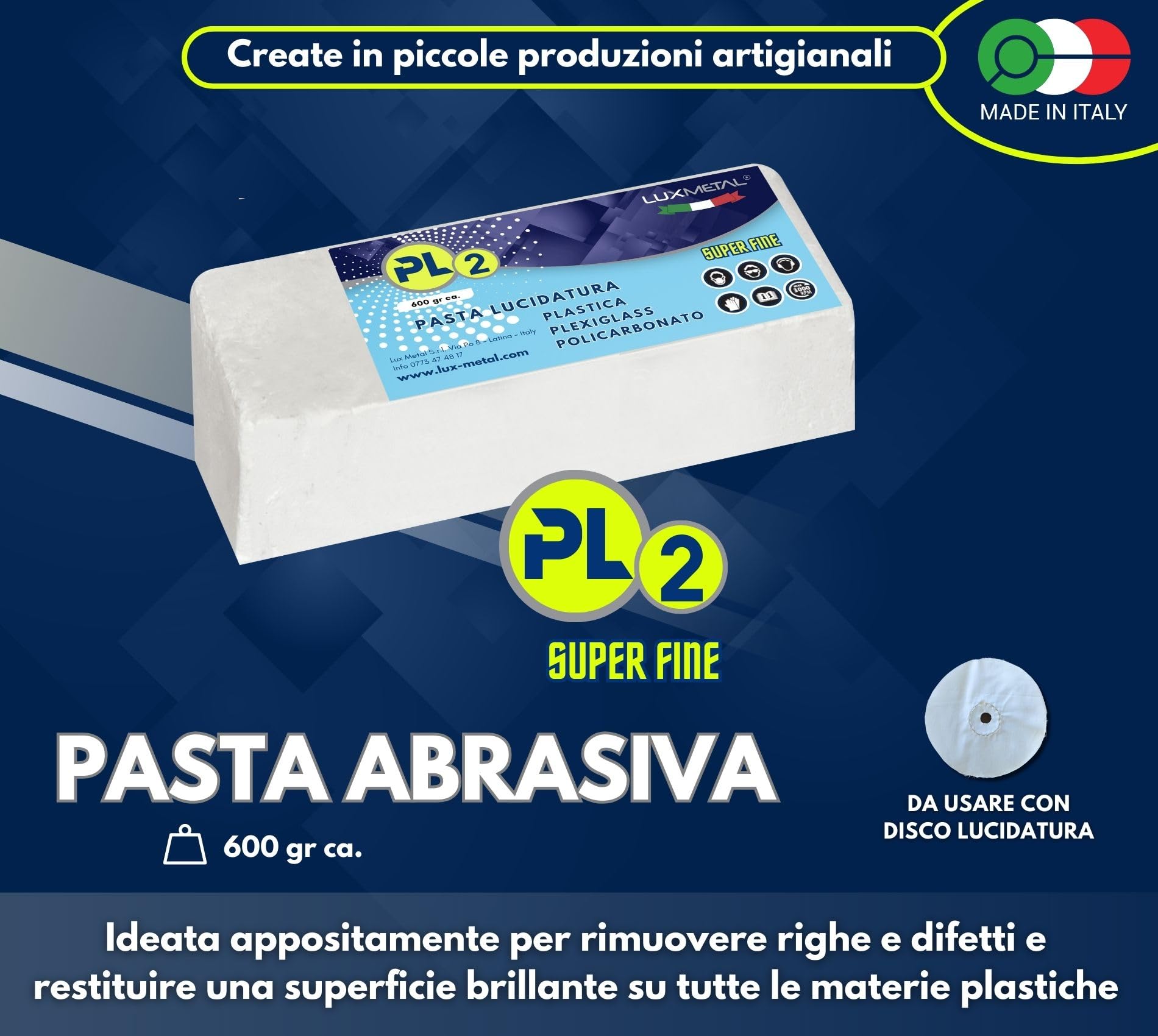 Lux Metal - Pasta Abrasiva per Plastica PL2 600 gr S.Fine Lucidare Plexiglass Trasparente Lucidatura Plastica Policarbonato Rimuovi Graffi Plastica pasta abrasiva plexiglass Rinnova Fari Auto