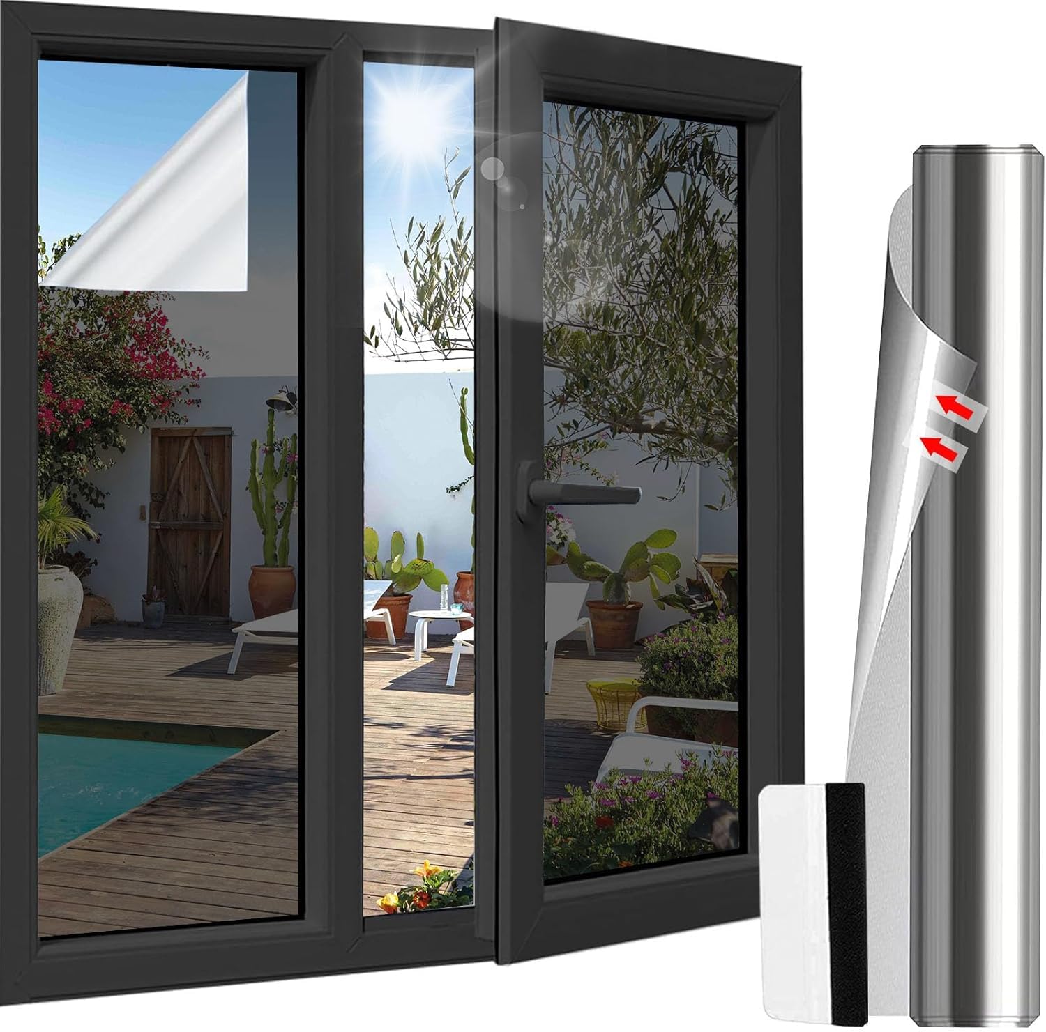 Antrect Folie für Fenster Einseitig Blickdicht Fensterfolie UV Hitzeschutz, Fensterfolie Sichtschutzfolie Fenster, Blickdichte Spiegelfolie mit Plastikschaber und Messer