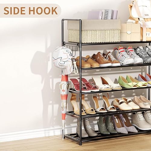 Miniatura 8 de Organizador de zapatos de metal, zapatero de 5 niveles con ganchos, se adapta a 20-25 pares, estante de zapatos ajustable para entrada, pasillo,