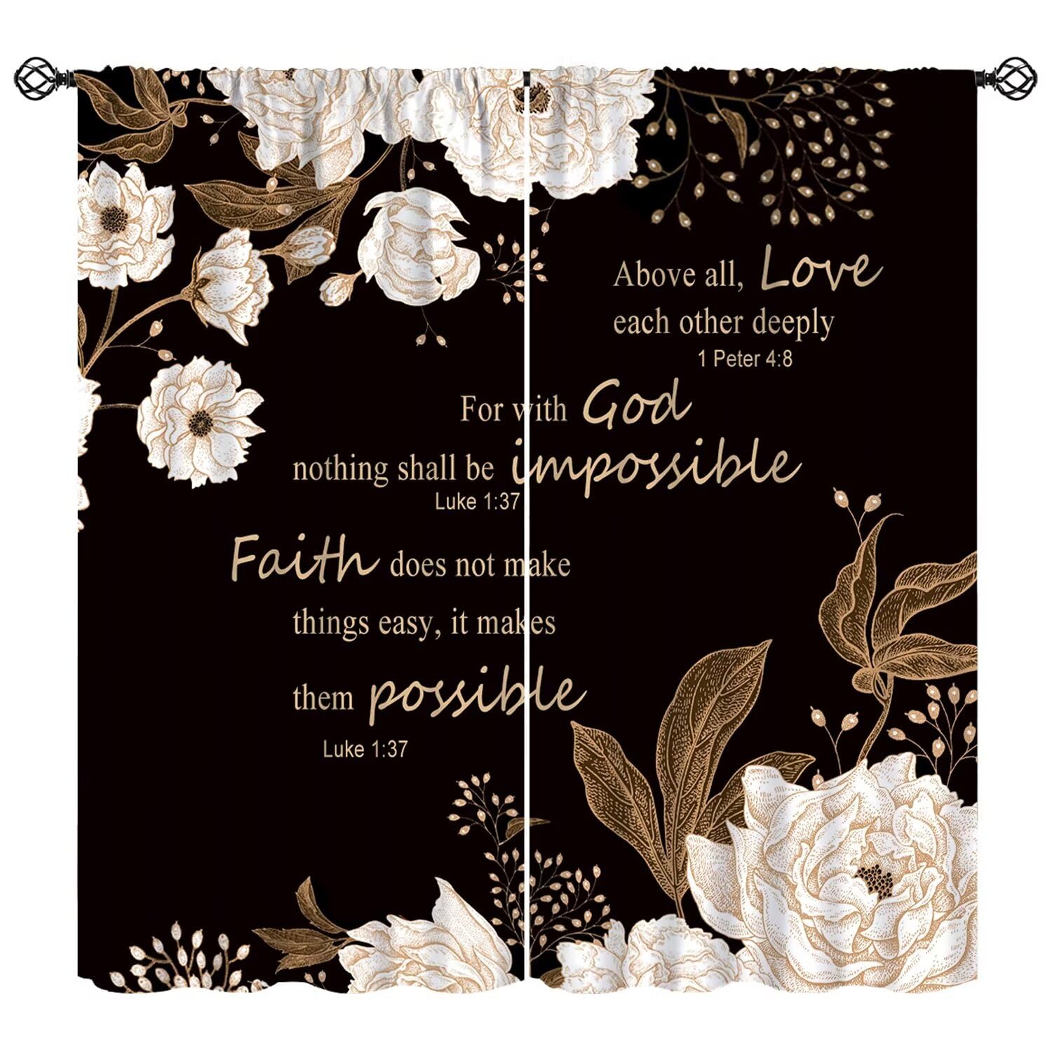 Moderw Black Gold Flower Curtains, Vintage Peony Rose Floral Christian Window Treatments for Bedroom Women Scripture Quotes Bible Verse Blackout Drapes for Living Room Kitchen W42xL45in