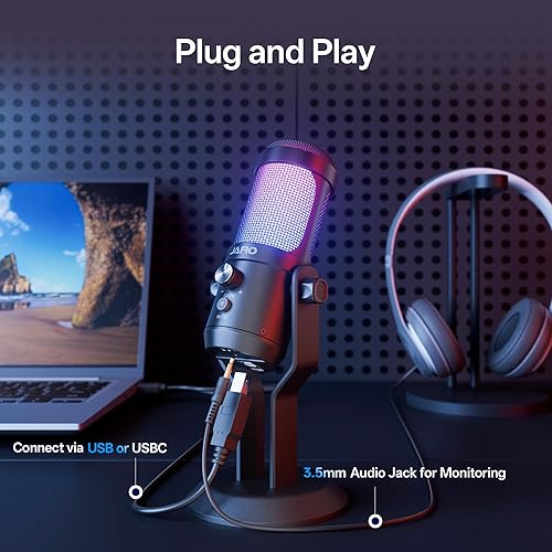 Miniatura 5 de JARO Micrófono de Condensador USB con Silenciamiento y Cancelación de Ruido RGB para Podcasting, Gaming, Streaming, YouTube, Zoom, ASMR, Canto
