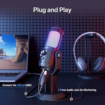 JARO USB Condenser Microphone with Mute Noise Cancelation RGB for Podcasting Gaming Streaming YouTube Zoom AMSR Singing Recording [Compatible with PC Laptop Mac PS4/5], (J100-CS)