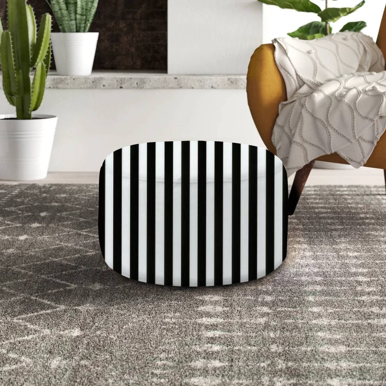 Round Pouf Ottoman Seamless black stripes a white abstract hand drawing lines Foot Stool Foot Rest Floor Stool Bean Bag Chair Cotton Linen Removable Indoor Outdoor for Living Room Bedroom