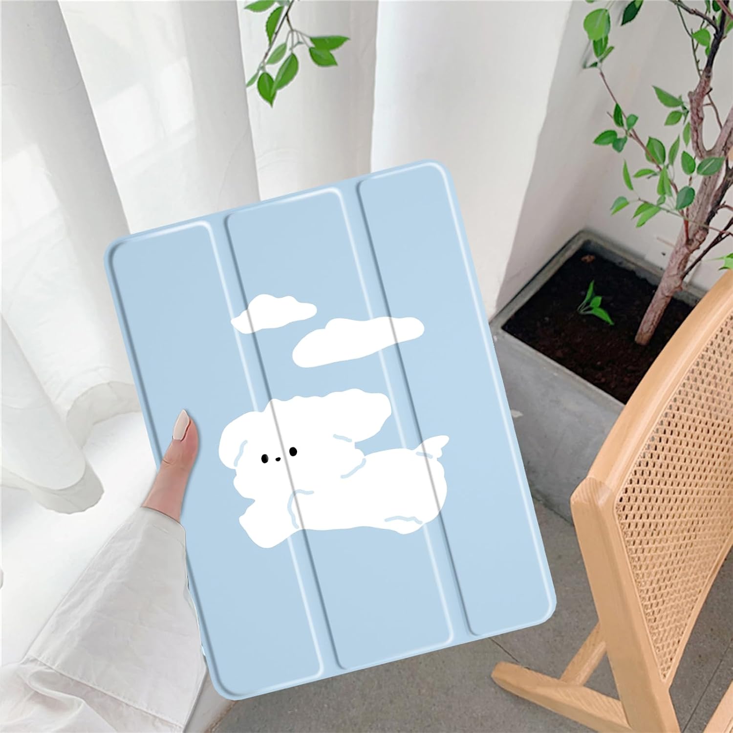 Cute Kawaii Dog foriPad Pro 11 Inch Case 2024 with Pencil Holder, Foldable Blue Leather Cover Case, Support Auto Sleep Wake image 2
